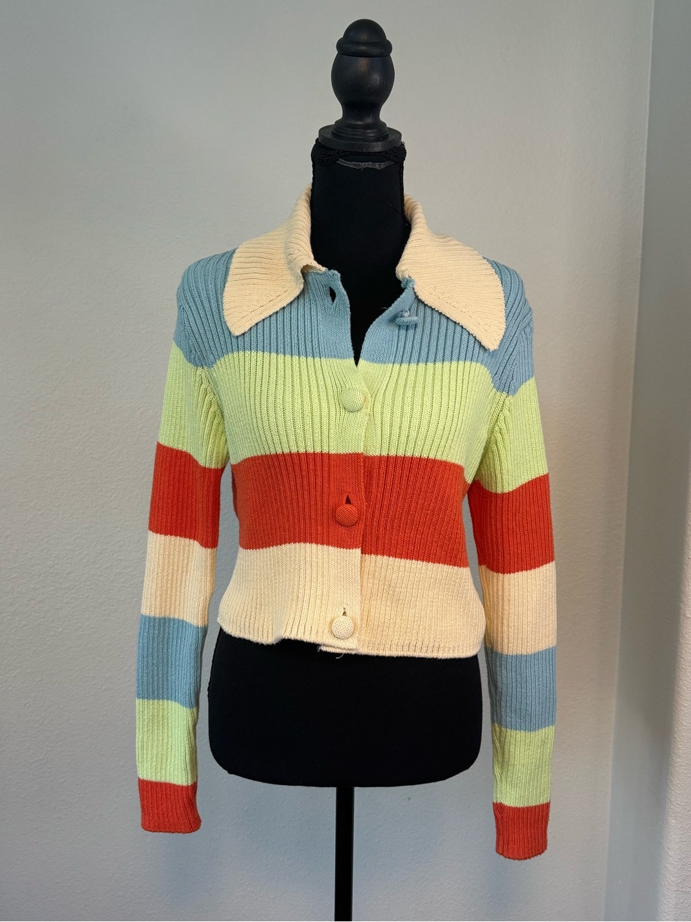 Zara Retro Striped Cropped Collared Ribbed Knit Cardigan Color Block 70s Size M
